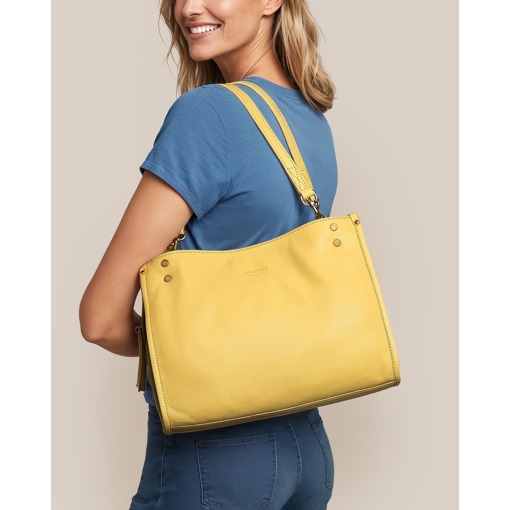 American Leather Strap Co. Lenox Triple Entry Satchel in Biscotti Yellow Leather
